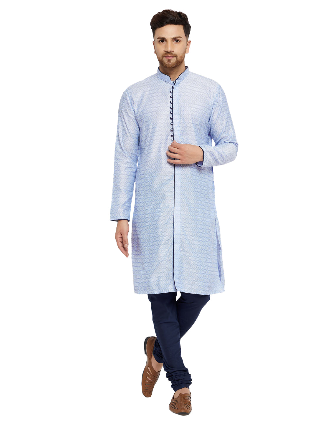 Vastramay Men's Lavender And Navy Blue Silk Blend Kurta Pyjama Set - Distacart