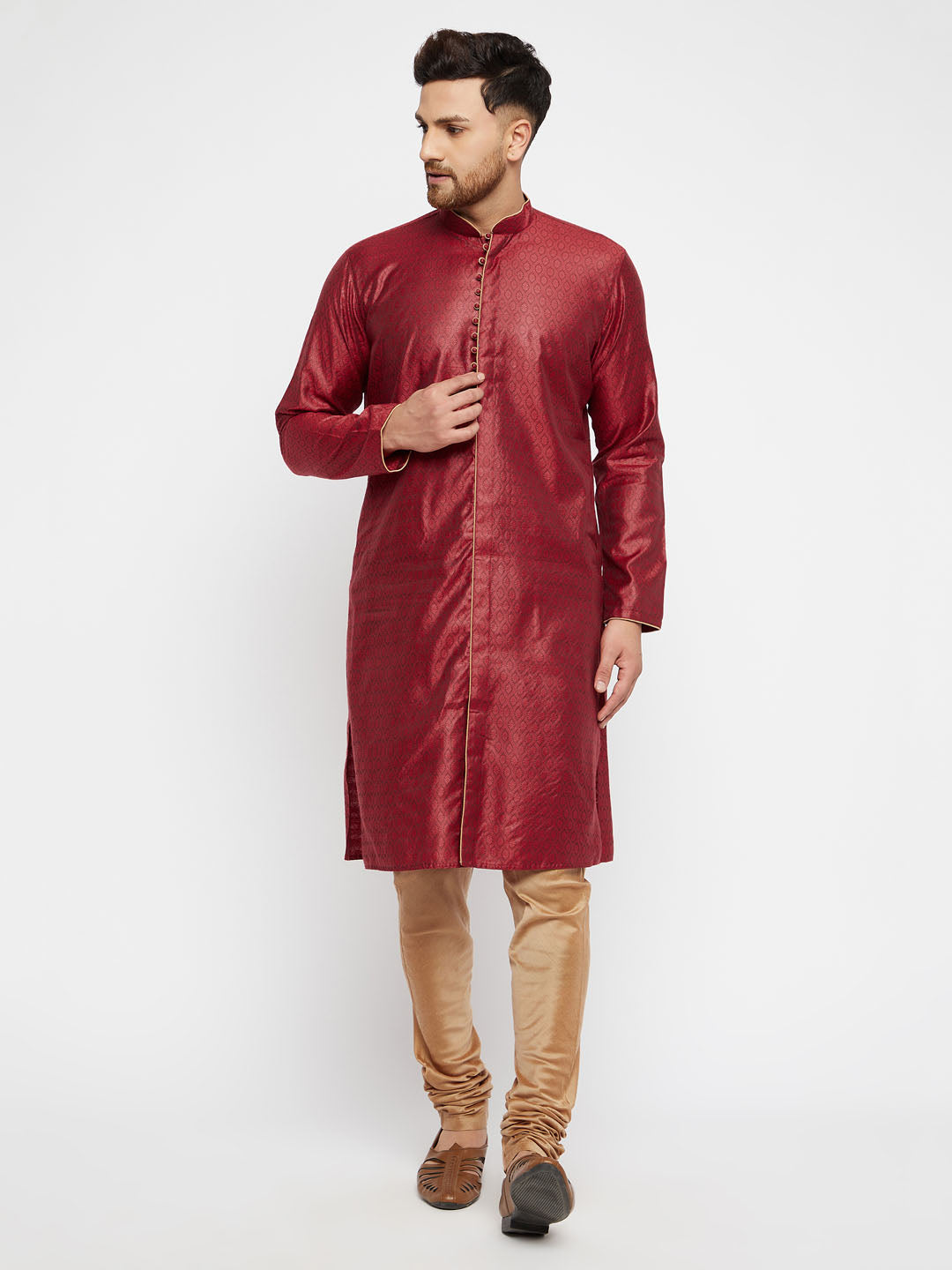 Vastramay Men's Maroon And Rose Gold Silk Blend Kurta Pyjama Set - Distacart