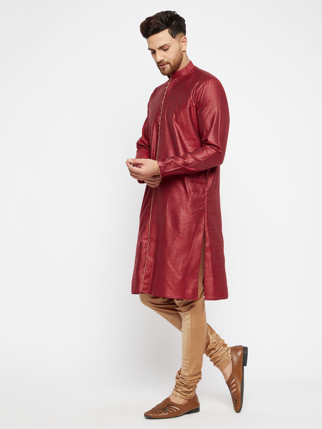 Vastramay Men's Maroon And Rose Gold Silk Blend Kurta Pyjama Set - Distacart