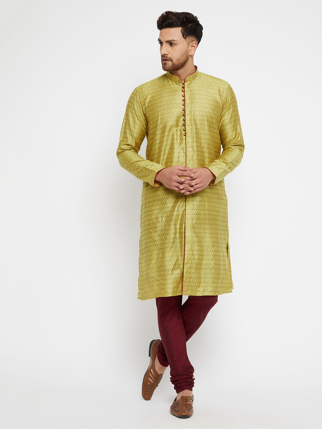 Vastramay Men's Mustard Yellow And Maroon Silk Blend Kurta Pyjama Set - Distacart