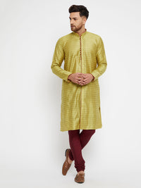 Thumbnail for Vastramay Men's Mustard Yellow And Maroon Silk Blend Kurta Pyjama Set - Distacart