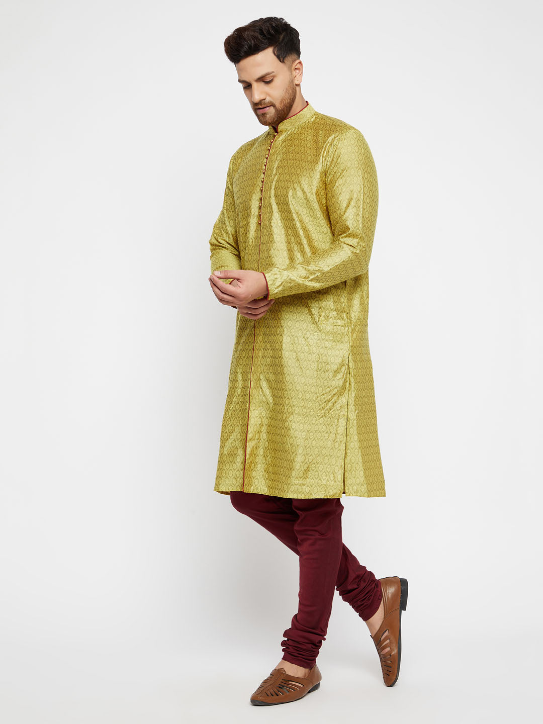 Vastramay Men's Mustard Yellow And Maroon Silk Blend Kurta Pyjama Set - Distacart