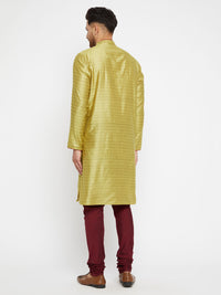Thumbnail for Vastramay Men's Mustard Yellow And Maroon Silk Blend Kurta Pyjama Set - Distacart