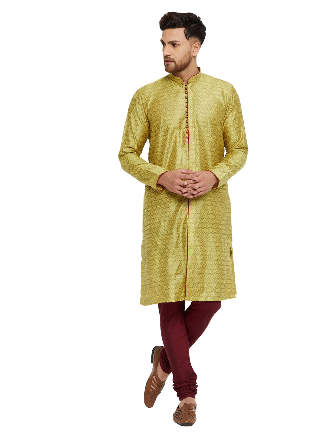 Vastramay Men's Mustard Yellow And Maroon Silk Blend Kurta Pyjama Set - Distacart