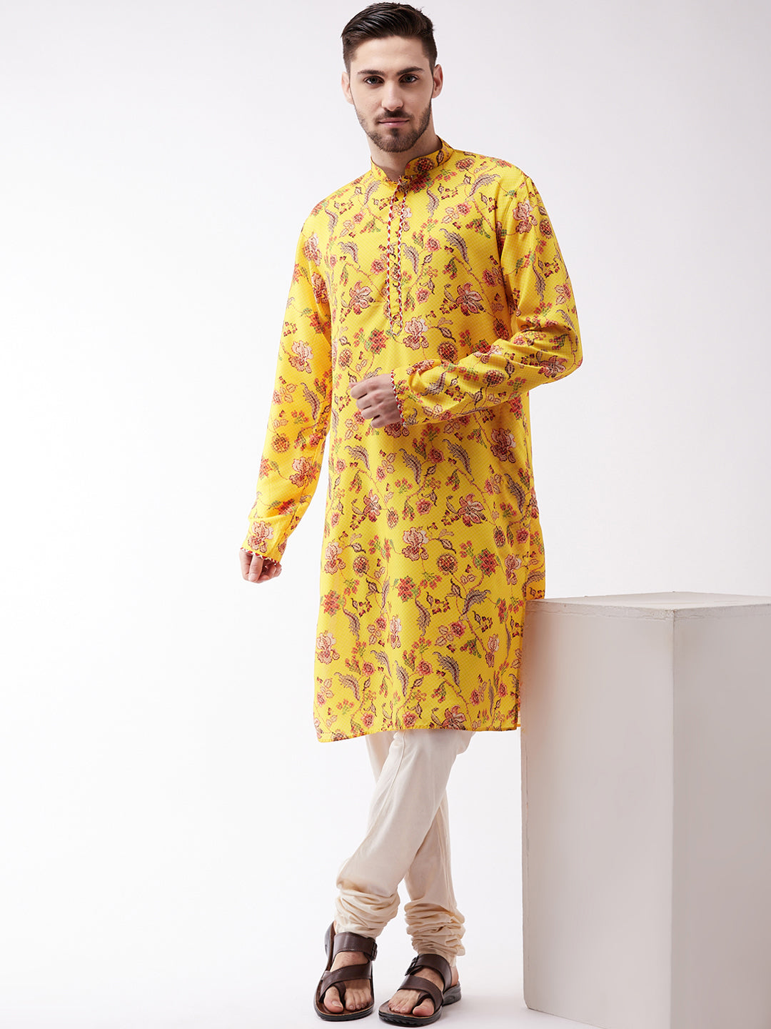 Vastramay Men's Floral Printed Multicolor-Base-Yellow Silk Blend Kurta - Distacart