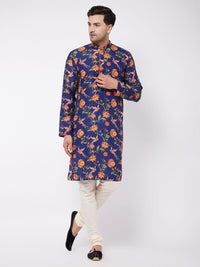 Thumbnail for Vastramay Men's Multicolor-Base-Navy Blue And Cream Muslin Blend Kurta Pyjama Set - Distacart