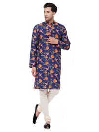 Thumbnail for Vastramay Men's Multicolor-Base-Navy Blue And Cream Muslin Blend Kurta Pyjama Set - Distacart