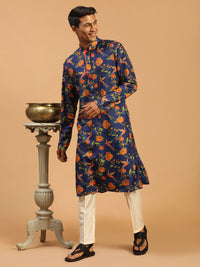 Thumbnail for Vastramay Men's Multicolor-Base-Navy Blue And Cream Muslin Blend Kurta Pyjama Set - Distacart
