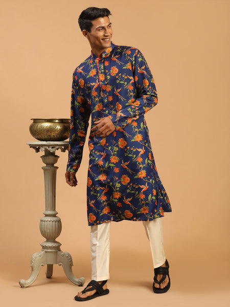 Vastramay Men's Multicolor-Base-Navy Blue And Cream Muslin Blend Kurta Pyjama Set - Distacart
