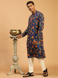 Thumbnail for Vastramay Men's Multicolor-Base-Navy Blue And Cream Muslin Blend Kurta Pyjama Set - Distacart