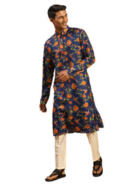 Thumbnail for Vastramay Men's Multicolor-Base-Navy Blue And Cream Muslin Blend Kurta Pyjama Set - Distacart