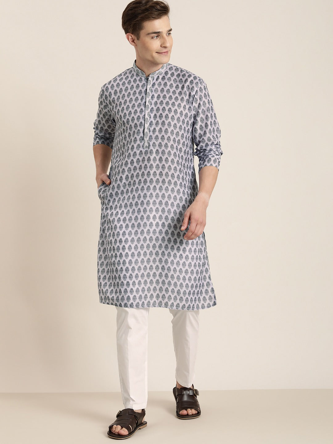Vastramay Men's Grey And White Cotton Blend Kurta Pyjama Set - Distacart
