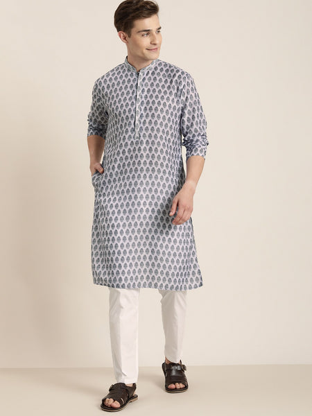 Vastramay Men's Grey And White Cotton Blend Kurta Pyjama Set - Distacart