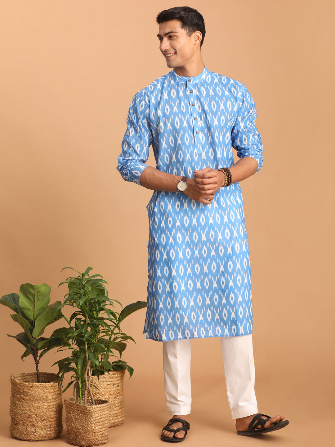 Vastramay Men's Aqua Cotton Blend Kurta Pyjama Set - Distacart
