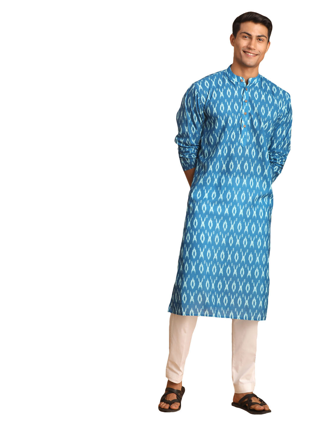 Vastramay Men's Turquoise Cotton Blend Kurta Pyjama Set - Distacart