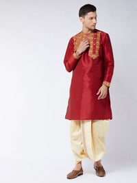 Thumbnail for Vastramay Men's Maroon And Gold Silk Blend Kurta And Dhoti Set - Distacart