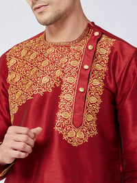 Thumbnail for Vastramay Men's Maroon And Gold Silk Blend Kurta And Dhoti Set - Distacart