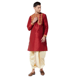 Thumbnail for Vastramay Men's Maroon And Gold Silk Blend Kurta And Dhoti Set - Distacart