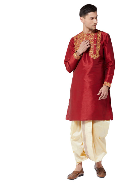 Vastramay Men's Maroon And Gold Silk Blend Kurta And Dhoti Set - Distacart