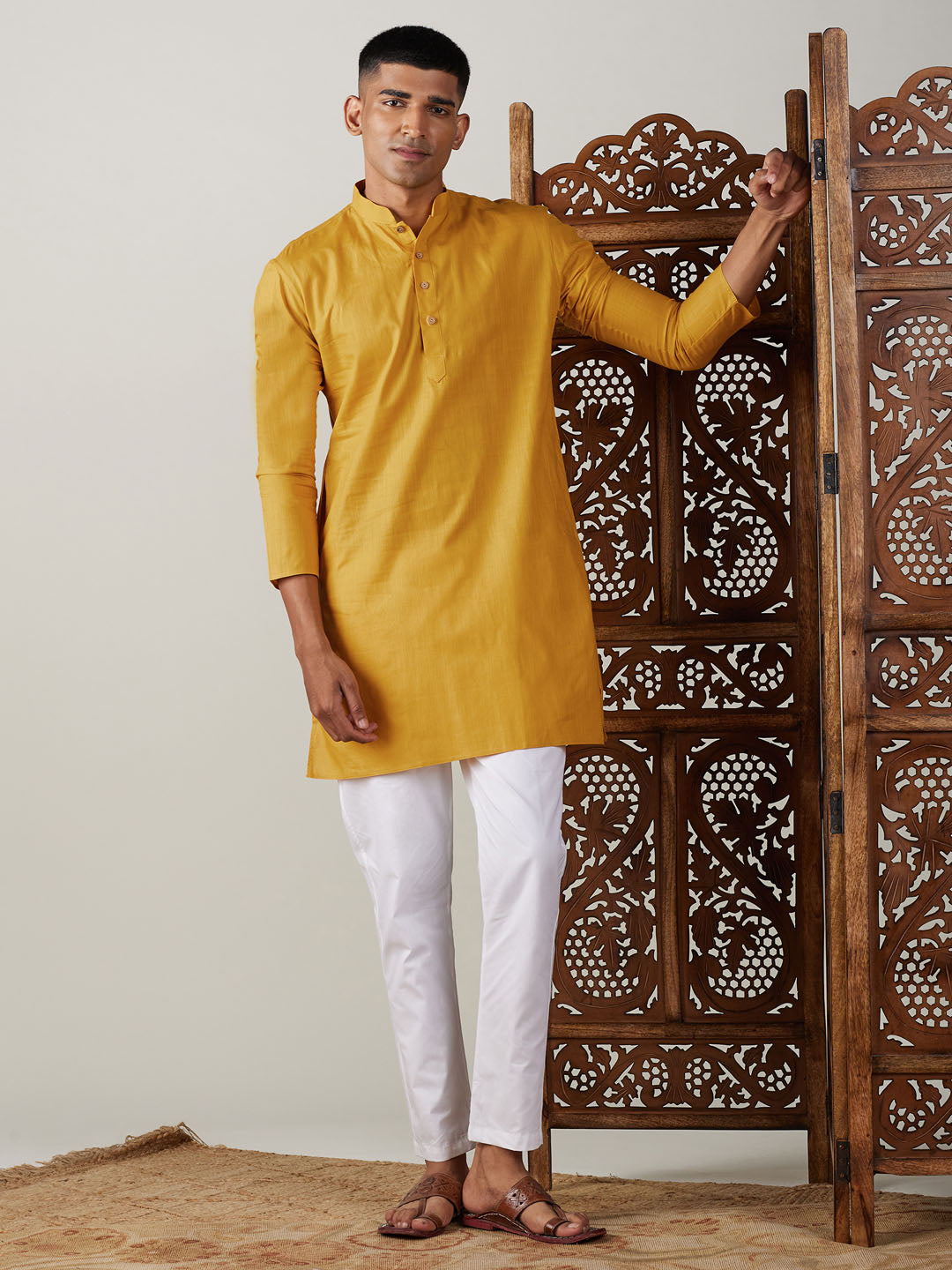 Vastramay Men's Mustard And White Cotton Blend Kurta Pyjama Set - Distacart
