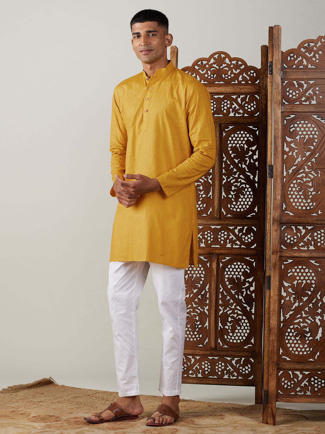 Vastramay Men's Mustard And White Cotton Blend Kurta Pyjama Set - Distacart