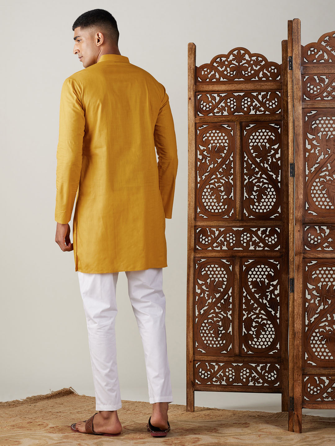 Vastramay Men's Mustard And White Cotton Blend Kurta Pyjama Set - Distacart
