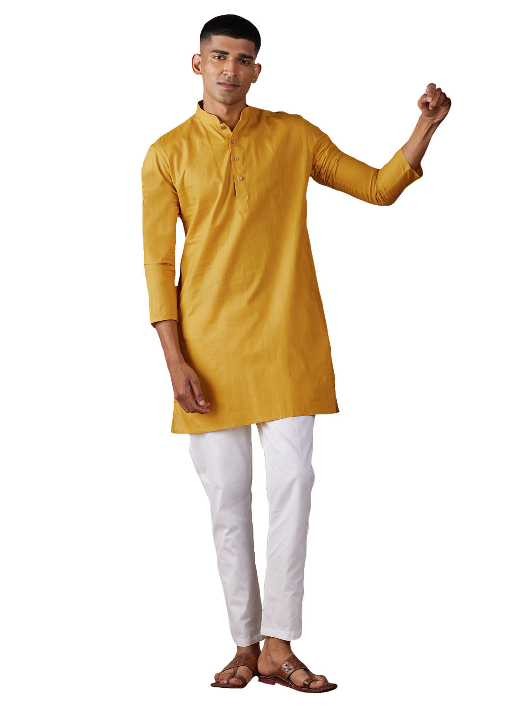 Vastramay Men's Mustard And White Cotton Blend Kurta Pyjama Set - Distacart