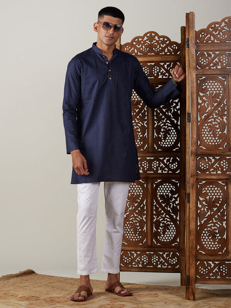 Vastramay Men's Navy Blue And White Cotton Blend Kurta Pyjama Set - Distacart