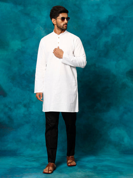Vastramay Men's White And Black Cotton Blend Kurta Pyjama Set - Distacart