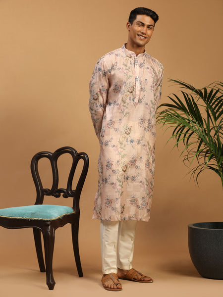 Vastramay Men's Pink And White Cotton Blend Kurta Pyjama Set - Distacart