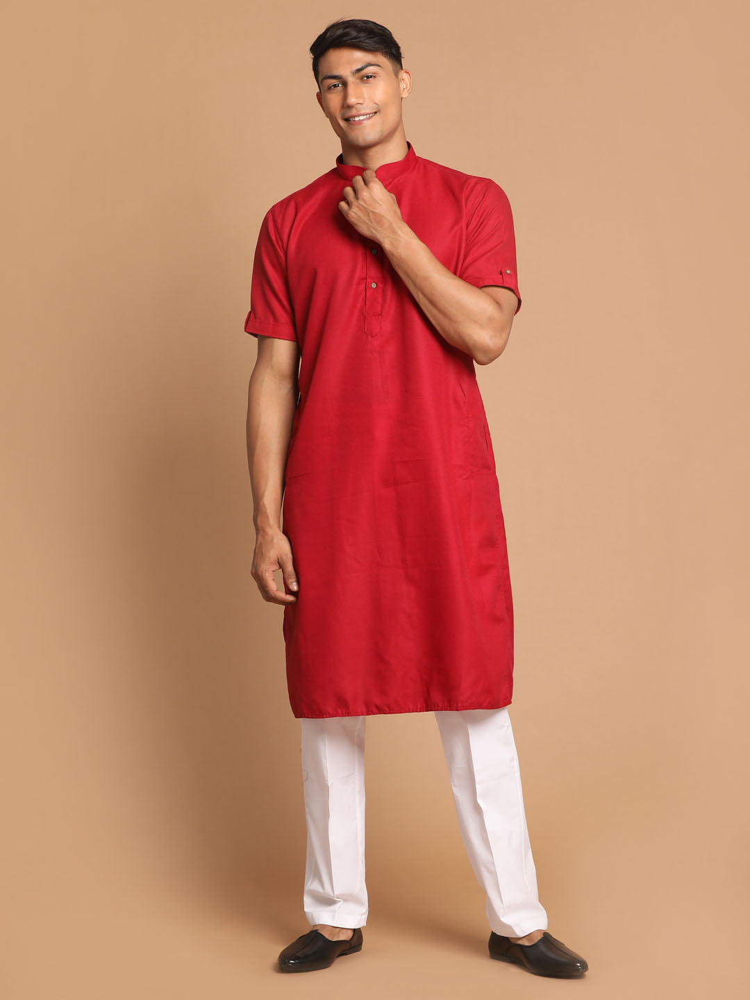 VM by Vastramay Men's Maroon And White Cotton Blend Kurta Pyjama Set - Distacart