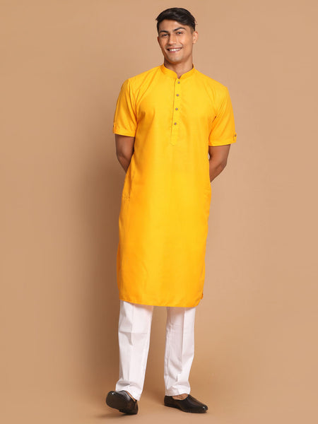 VM by Vastramay Men's Mustard And White Cotton Blend Kurta Pyjama Set - Distacart