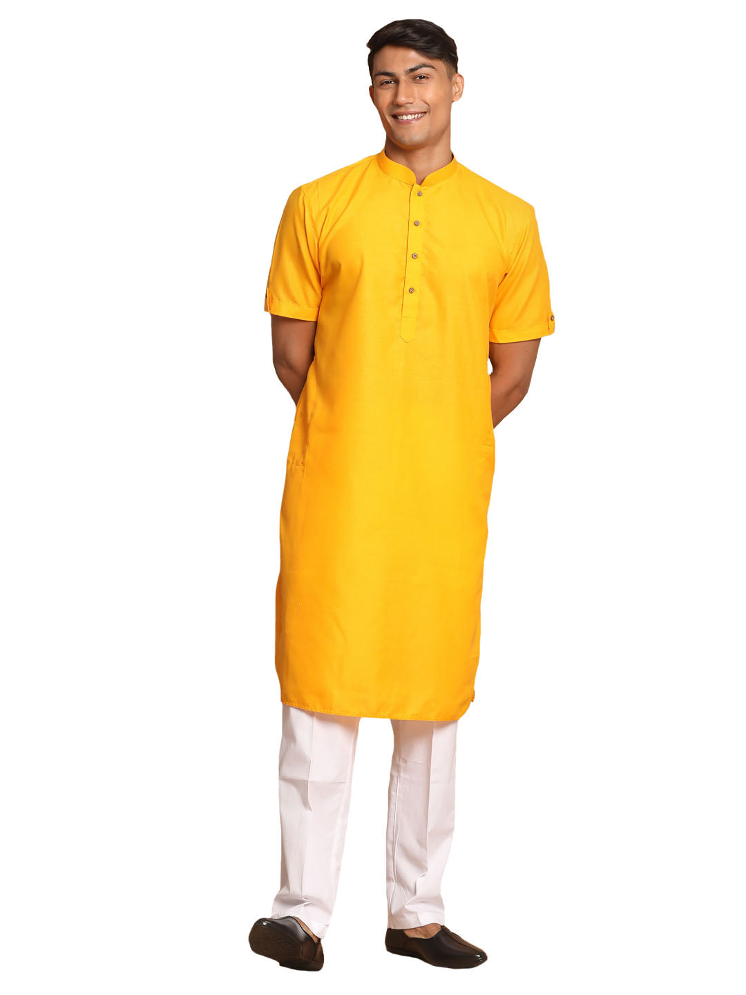 VM by Vastramay Men's Mustard And White Cotton Blend Kurta Pyjama Set - Distacart