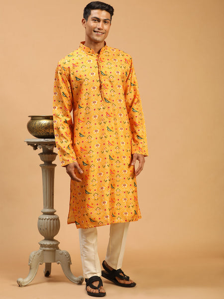 Vastramay Men's Yellow And Cream Cotton Silk Kurta Pyjama Set - Distacart