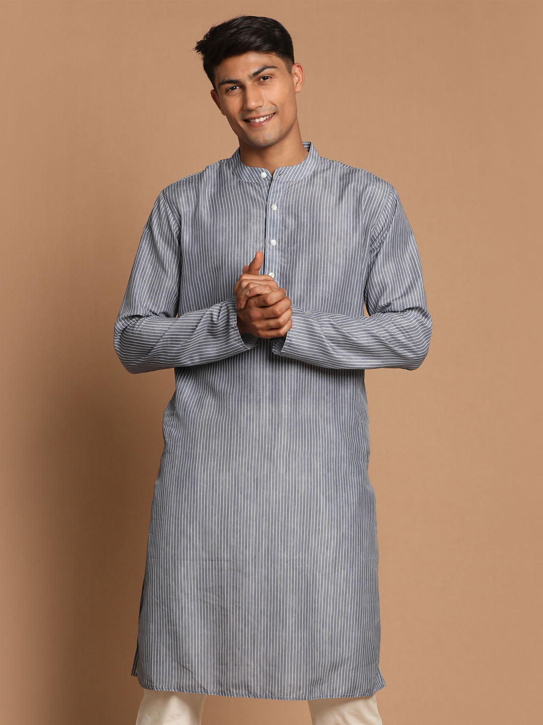 Vastramay Men's Grey Cotton Blend Kurta - Distacart