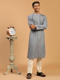 Thumbnail for Vastramay Men's Grey And Cream Cotton Blend Kurta Pyjama Set - Distacart