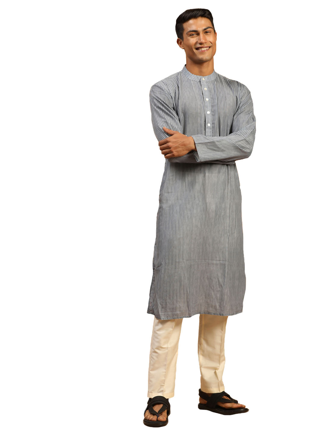 Vastramay Men's Grey And Cream Cotton Blend Kurta Pyjama Set - Distacart