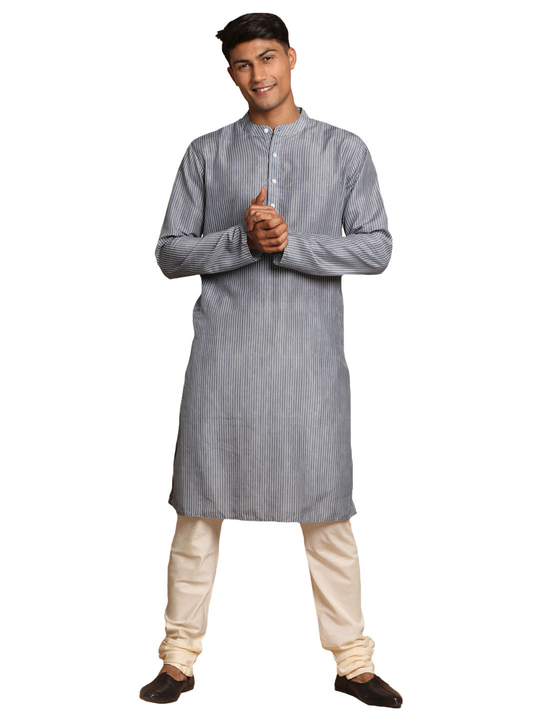 Vastramay Men's Grey And Cream Cotton Blend Kurta Pyjama Set - Distacart