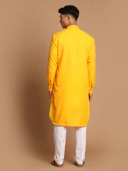 Vastramay Men's Yellow And White Cotton Blend Kurta Pyjama Set - Distacart