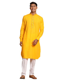 Thumbnail for Vastramay Men's Yellow And White Cotton Blend Kurta Pyjama Set - Distacart
