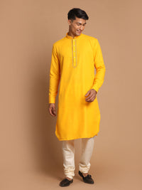 Thumbnail for Vastramay Men's Yellow And Cream Cotton Blend Kurta Pyjama Set - Distacart