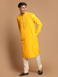 Thumbnail for Vastramay Men's Yellow And Cream Cotton Blend Kurta Pyjama Set - Distacart