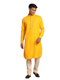 Thumbnail for Vastramay Men's Yellow And Cream Cotton Blend Kurta Pyjama Set - Distacart