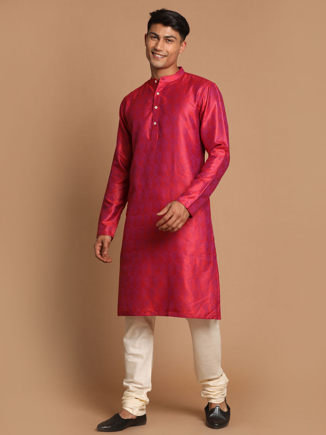 Vastramay Men's Red And Cream Silk Blend Kurta Pyjama Set - Distacart