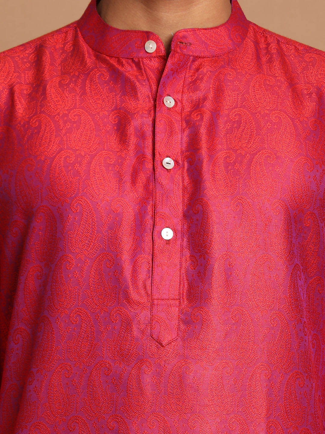 Vastramay Men's Red And Cream Silk Blend Kurta Pyjama Set - Distacart