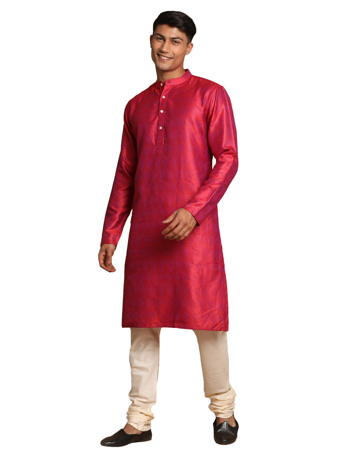 Vastramay Men's Red And Cream Silk Blend Kurta Pyjama Set - Distacart