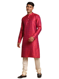 Thumbnail for Vastramay Men's Red And Cream Silk Blend Kurta Pyjama Set - Distacart