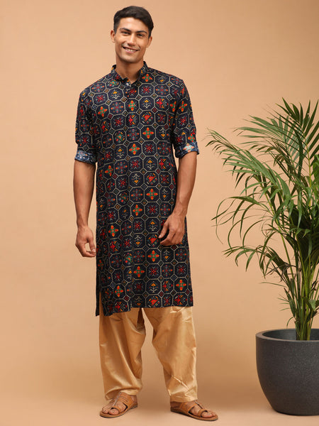 Vastramay Men's Blue And Rose Gold Cotton Blend Kurta And Patiala Set - Distacart