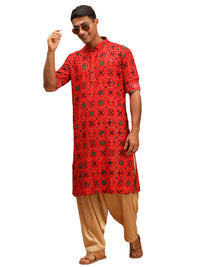 Thumbnail for Vastramay Men's Red And Rose Gold Cotton Blend Kurta And Patiala Set - Distacart
