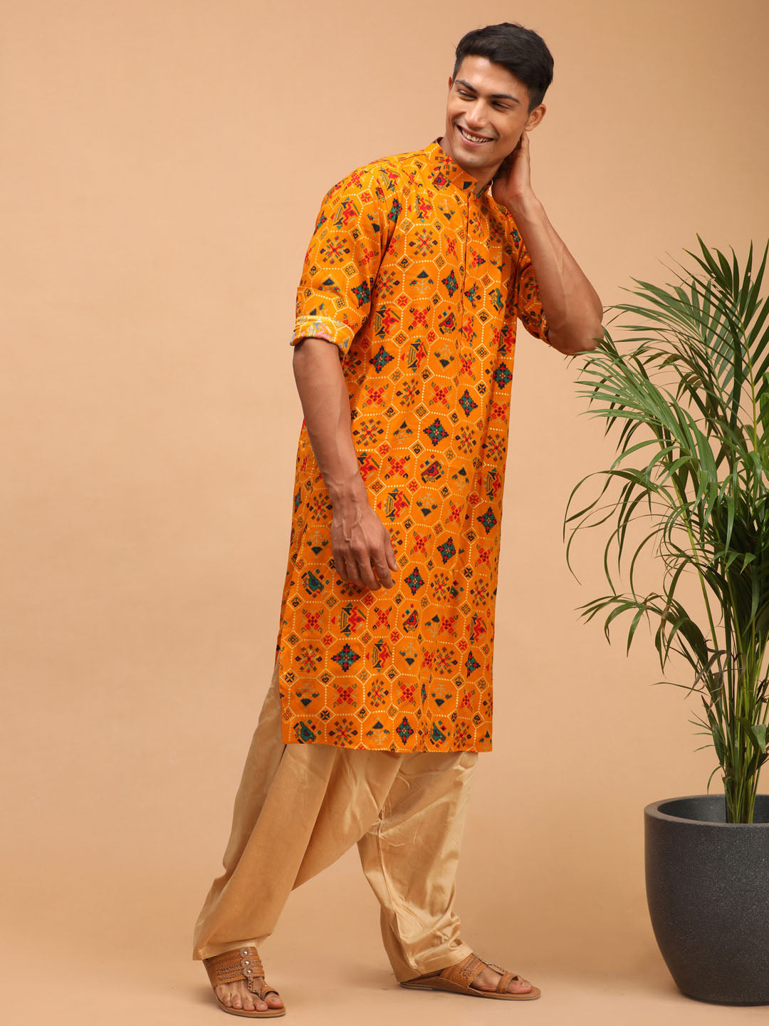 Vastramay Men's Yellow And Rose Gold Cotton Blend Kurta And Patiala Set - Distacart